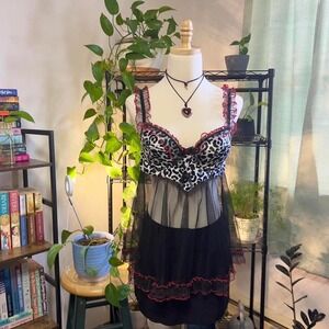 Vintage Shirley Of Hollywood Black‎ & Red Lingerie Top Size Medium Leopard Goth